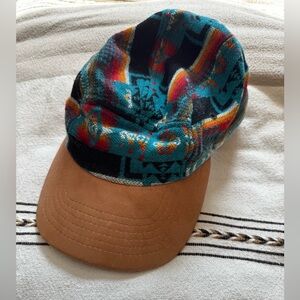 Pendleton Teal Patterned Wool Knit Cap with Brown Leather Brim- Like New